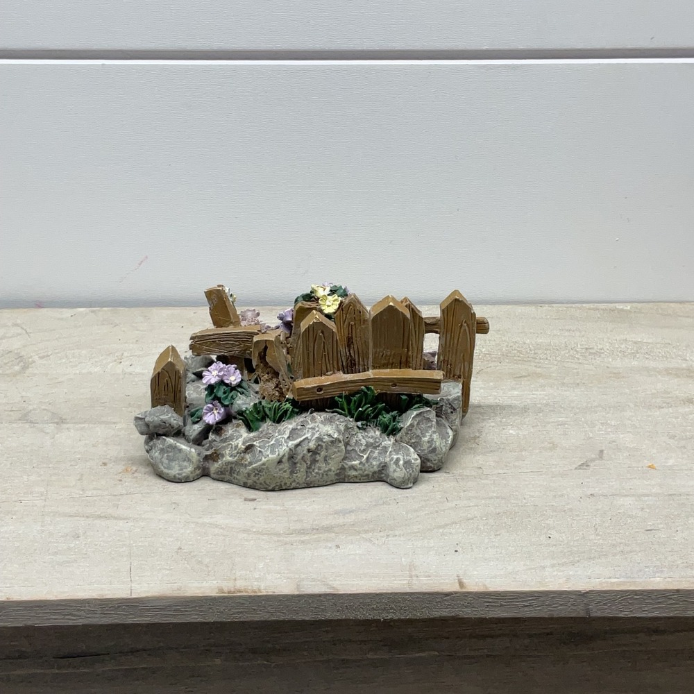 Miniature Rustic Wooden Picket Fence Figurine with Rocks and Wildflowers